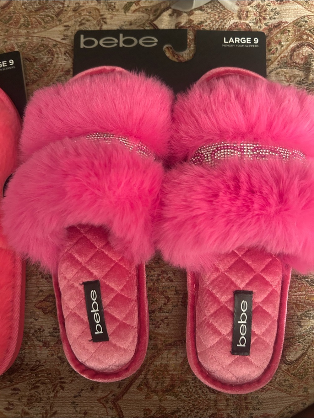 bebe Hot Pink Faux Fur Slide Slippers with Rhinestone Accent